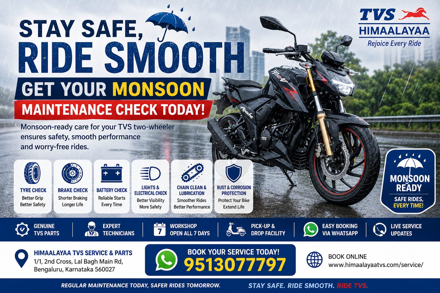 Monsoon Bike Service in Bangalore Himaalayaa TVS Authorized Service Center